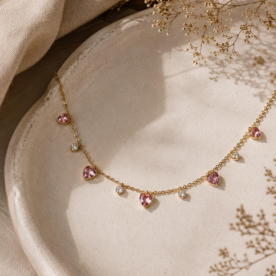 Pink Hearts Chain Necklace With Earrings