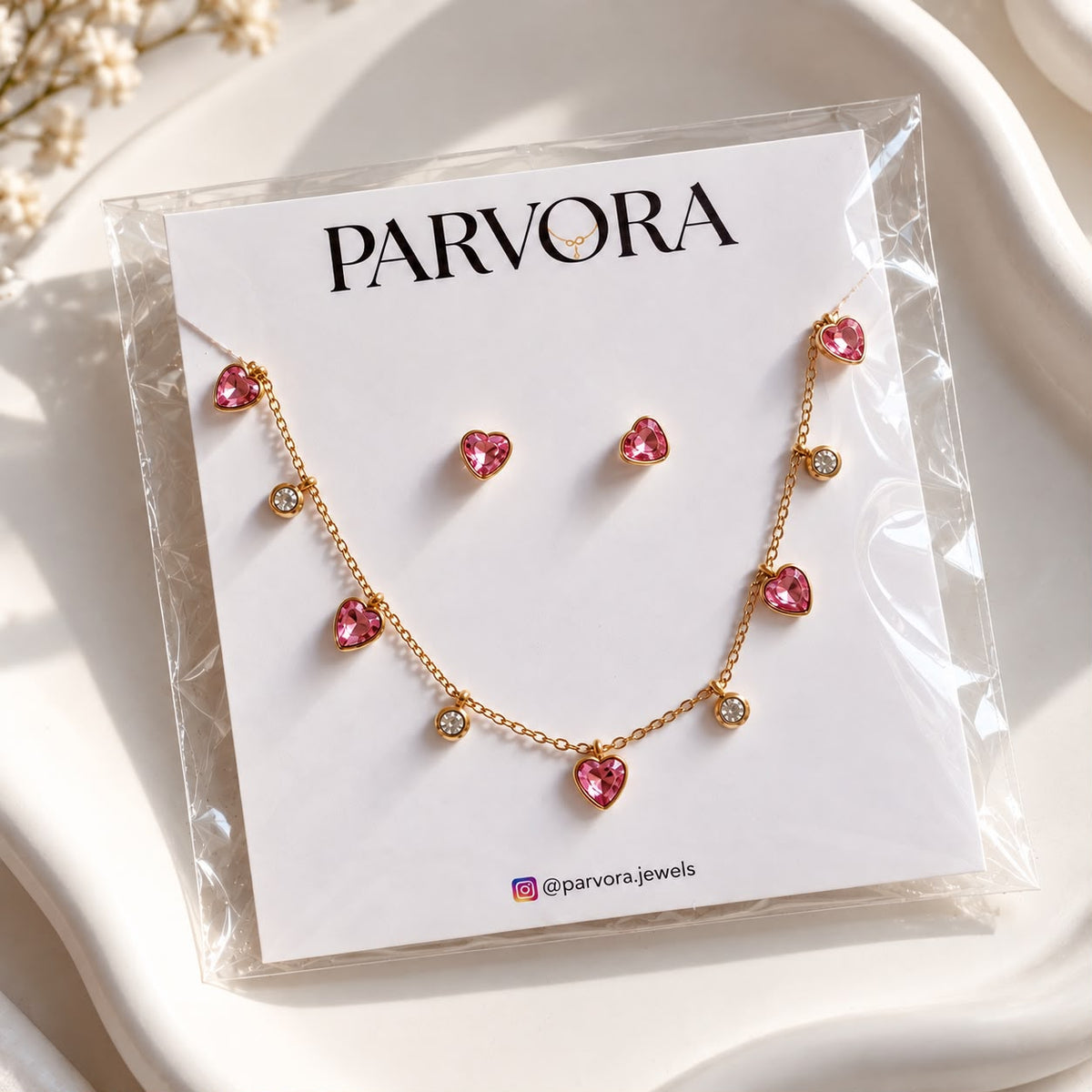 Pink Heart Charm Necklace & Earrings Set