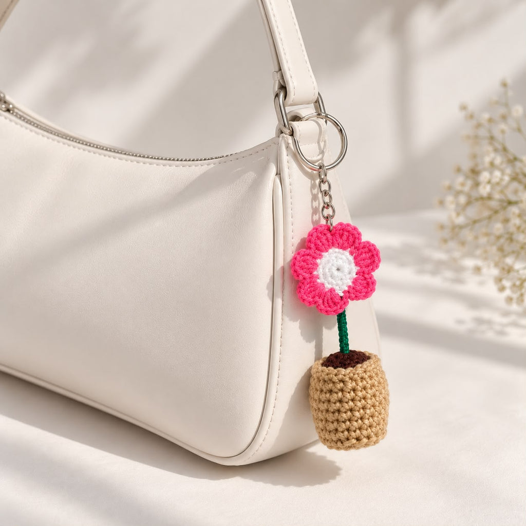 Pink Flower Crochet Bag Charm