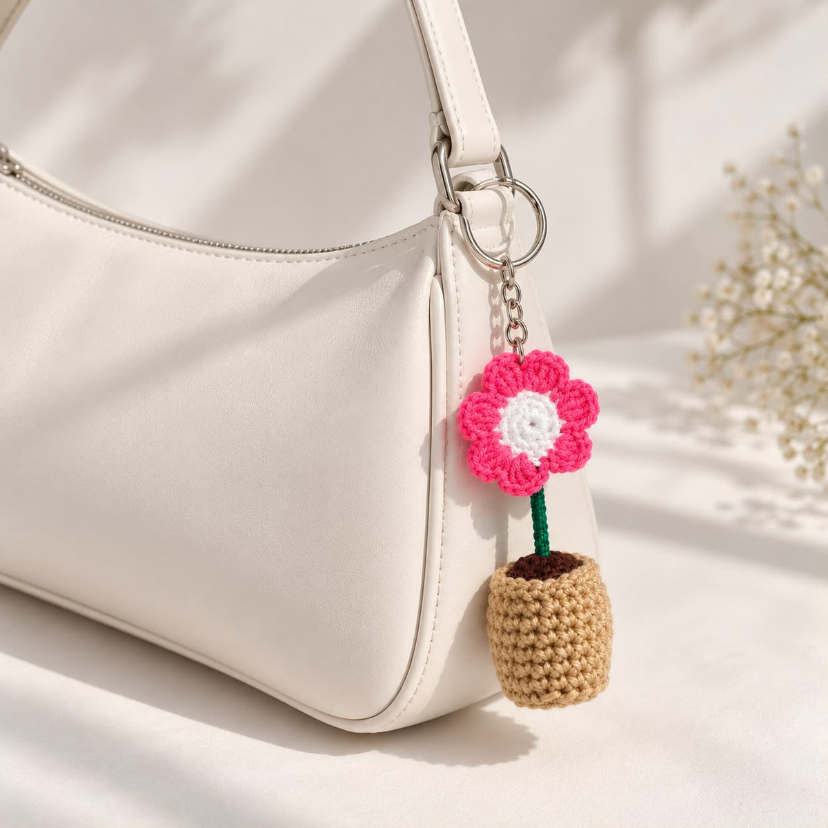Pink Flower Crochet Bag Charm